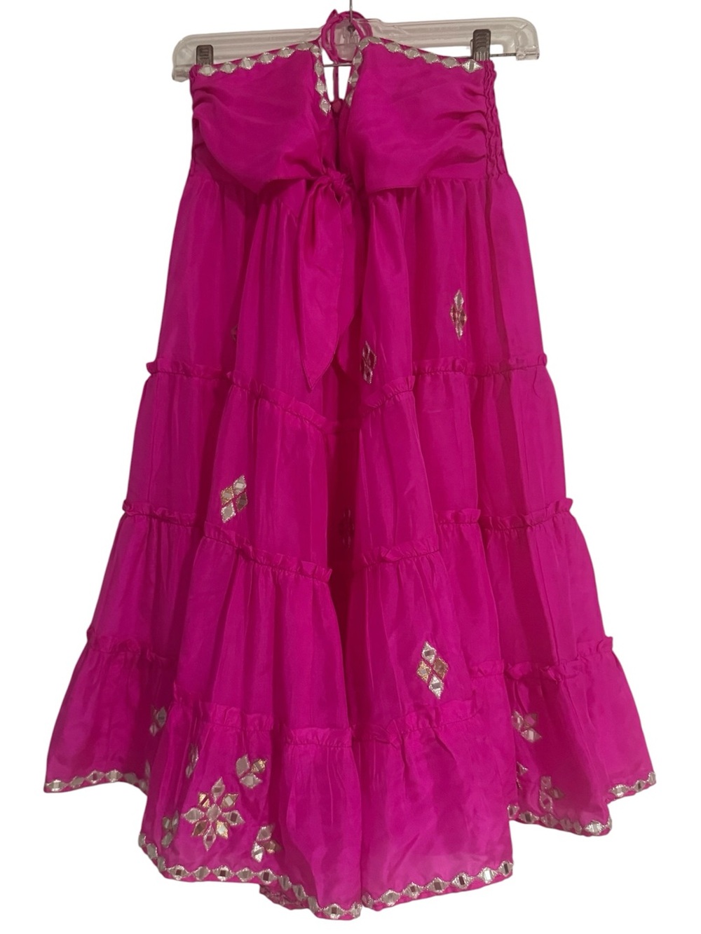 NWT Juliet Dunn Halter Hot Pink Mirrored Embellished Tiered Mini Dress Size 4-6